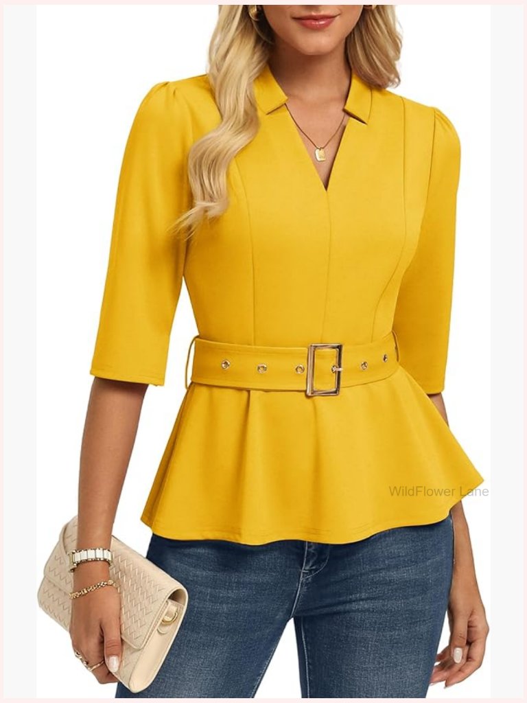 Women's Dressy Peplum Blouse With Belt, V-Neck Half Sleeve, Business Casual